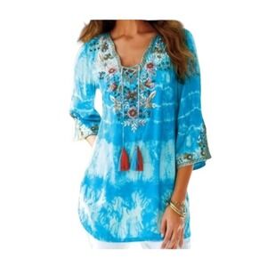 Soft Surroundings Beaded Beverly Tunic Top Size XL Tie- Dye Boho Resort Wear